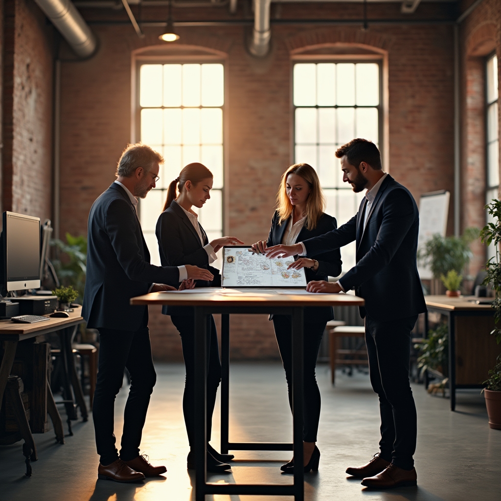 Small creative team collaborating around a table in a modern Poznań workspace